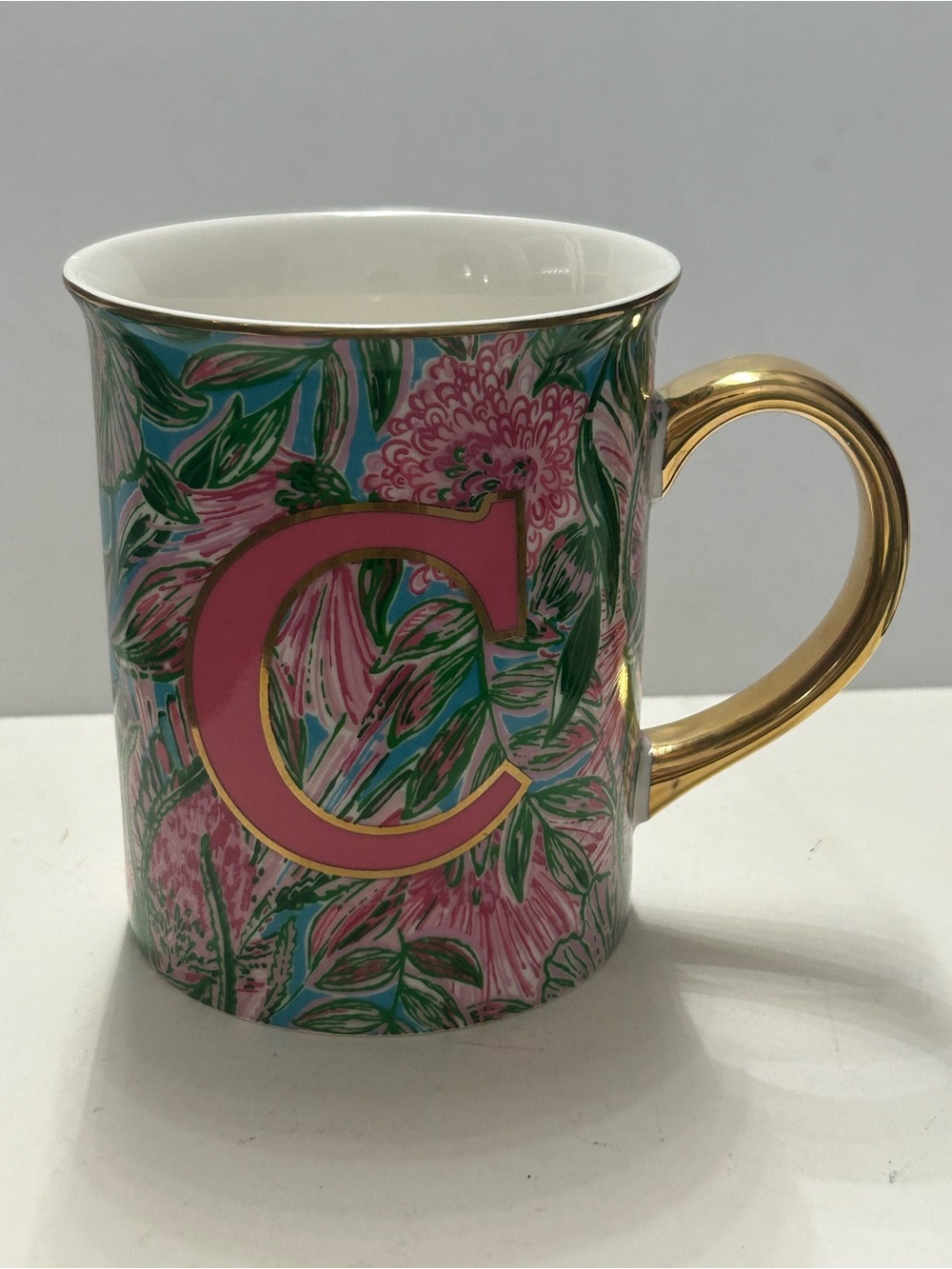Lilly Pulitzer Mug Initial C Monogram Pink Tropical Floral Ceramic Gold Handle